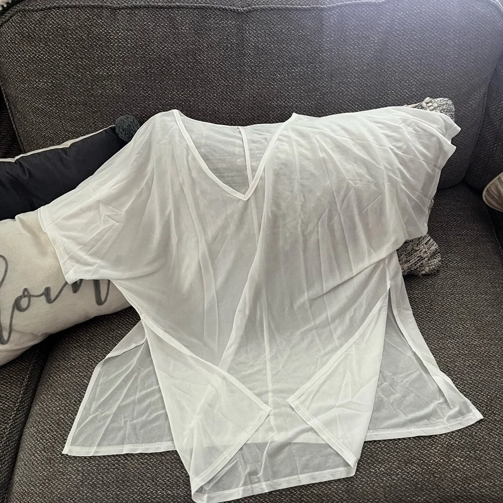 Sheer White V-Neck Blouse or Swimsuit Coverup​​ - Picture 2 of 5